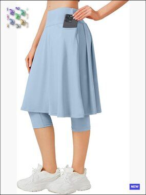 Athletic Pleated Skirt with Leggings Knee Length Workout Skirt Pockets